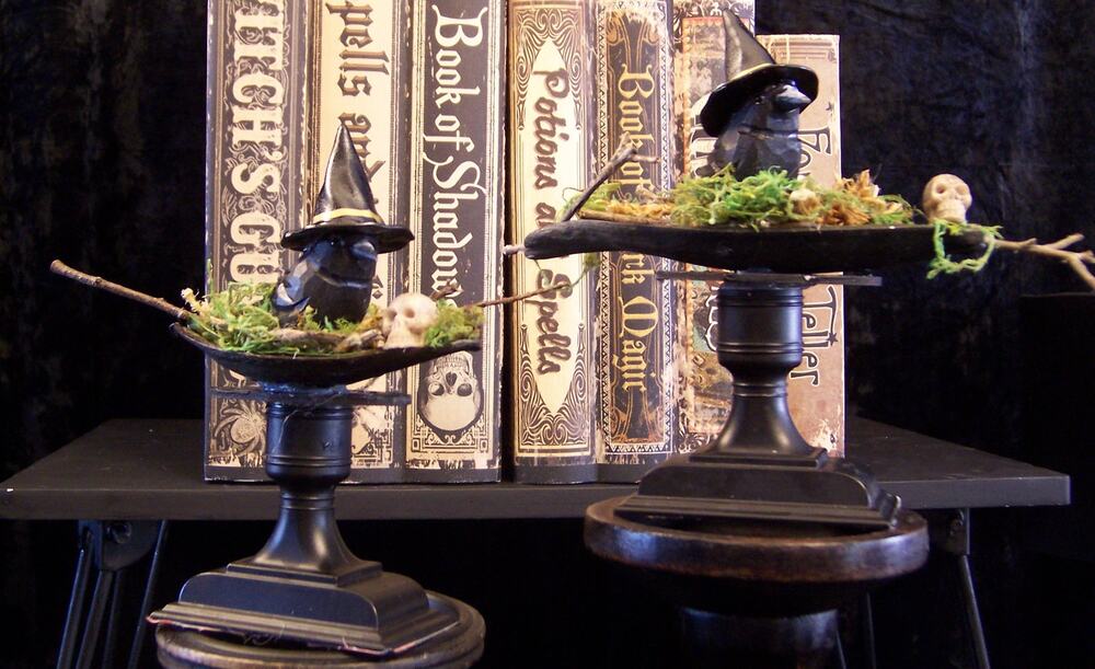 Pair of 2 OOAK Hand-Carved Wooden Crow Witch Centerpieces Gothic Decor